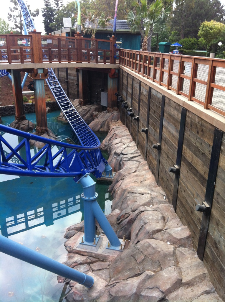 Close up of a custom shoring system built to support a roller coaster track at Sea World in San Diego, CA.